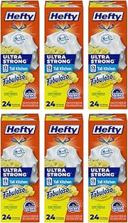 Hefty Ultra Strong 13 Gallon Trash Bags, Tall Kitchen Trash Bags, White, Fabuloso Lemon Scent, 24 CT (Pack of 6)