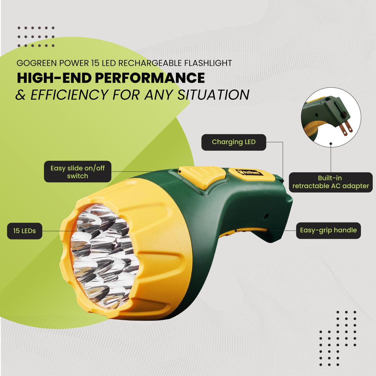 GoGreen Power () 15 LED Rechargeable Flashlight by Power By GoGreen – 1 EA, Plastic, Yellow/Green, Model GG-113-15RC