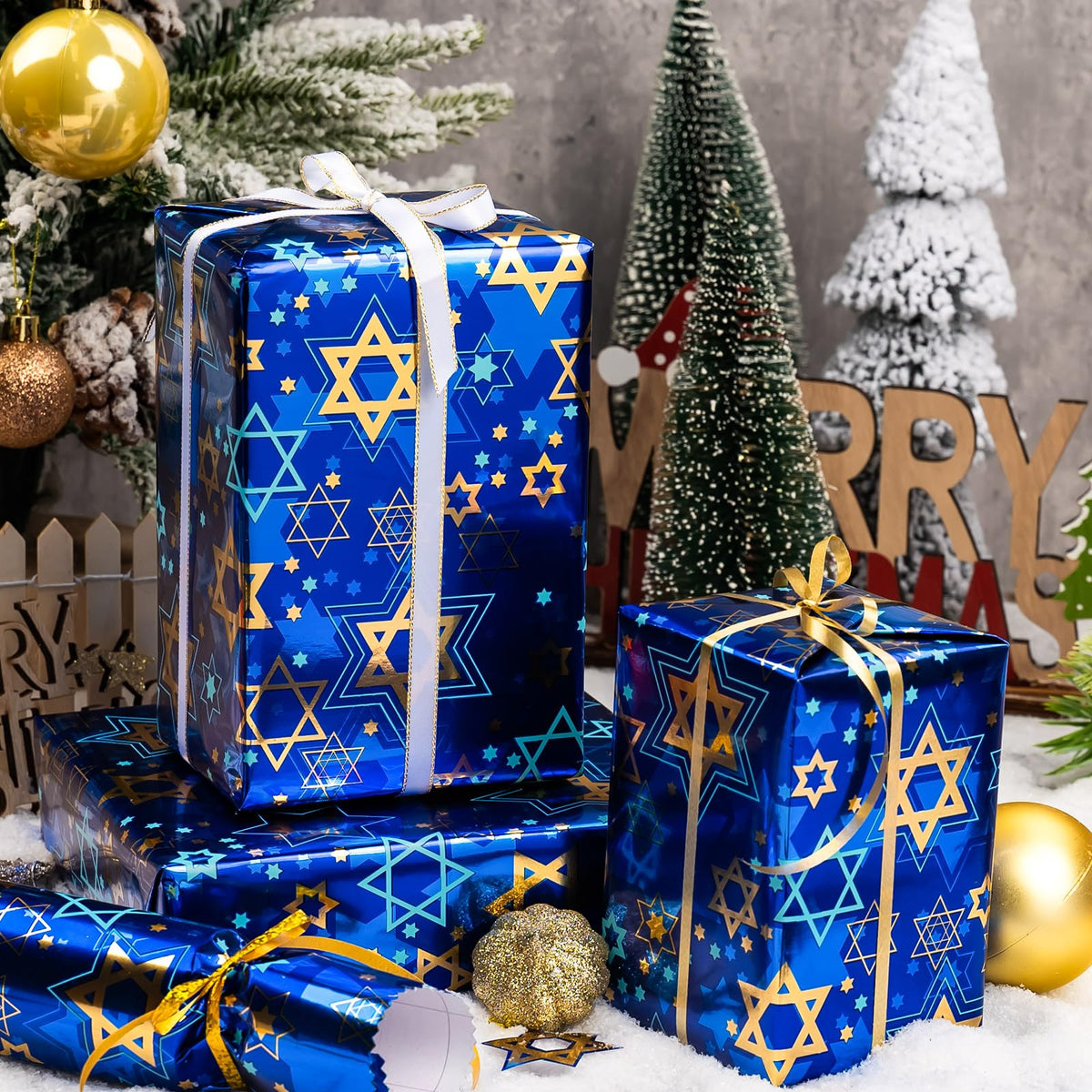 Maypluss Hanukkah Wrapping Paper, Metallic Foil Star of David, Navy Blue 17 Inch x 33 Feet