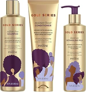 Shampoo, Conditioner, and Detangling Milk Hair Treatment Kit, with Argan Oil, Sulfate Free, Pro-V Gold Series, for Natural and Curly Textured Hair by Pantene – 3 Piece Set, Kit C