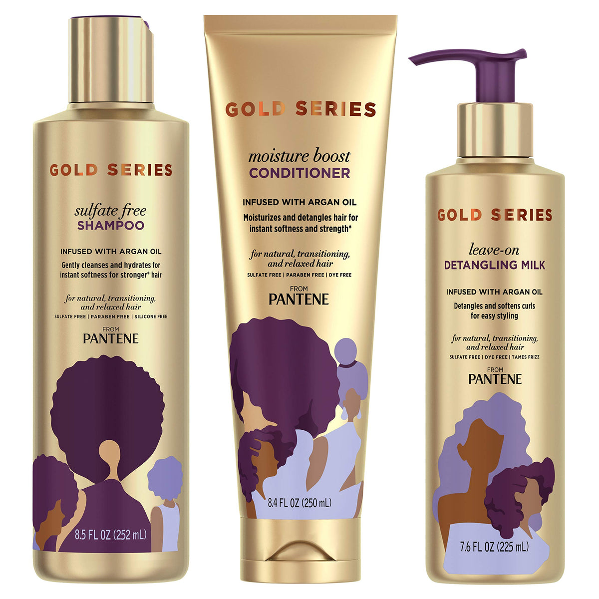 Shampoo, Conditioner, and Detangling Milk Hair Treatment Kit, with Argan Oil, Sulfate Free, Pro-V Gold Series, for Natural and Curly Textured Hair by Pantene – 3 Piece Set, Kit C