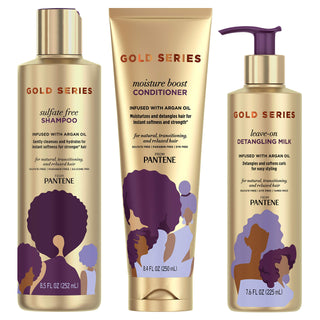 Shampoo, Conditioner, and Detangling Milk Hair Treatment Kit, with Argan Oil, Sulfate Free, Pro-V Gold Series, for Natural and Curly Textured Hair by Pantene – 3 Piece Set, Kit C
