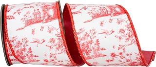Reliant Ribbon Ribbon - Asian Vista Chinoiserie Deluxe Wired Edge Ribbon, Coral, 4 Inch, 5 Yards