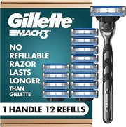Gillette Mach3 Shaving Razor for Men, Razor Handle, 12 Blade Refills