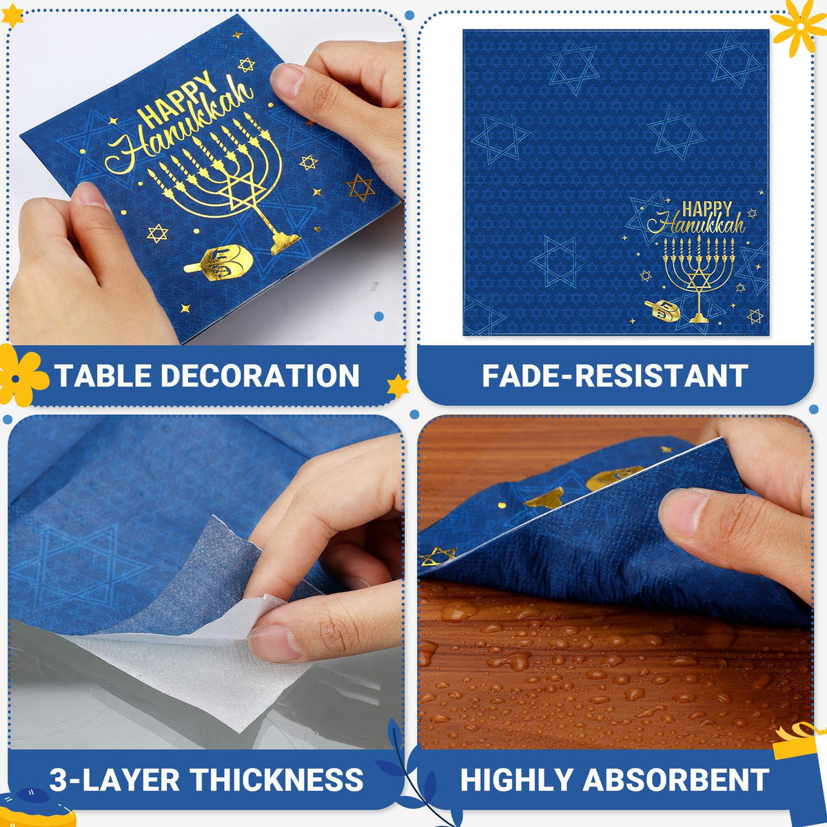 Honoson Hanukkah Napkins, 100 Count Paper Cocktail, Blue Gold