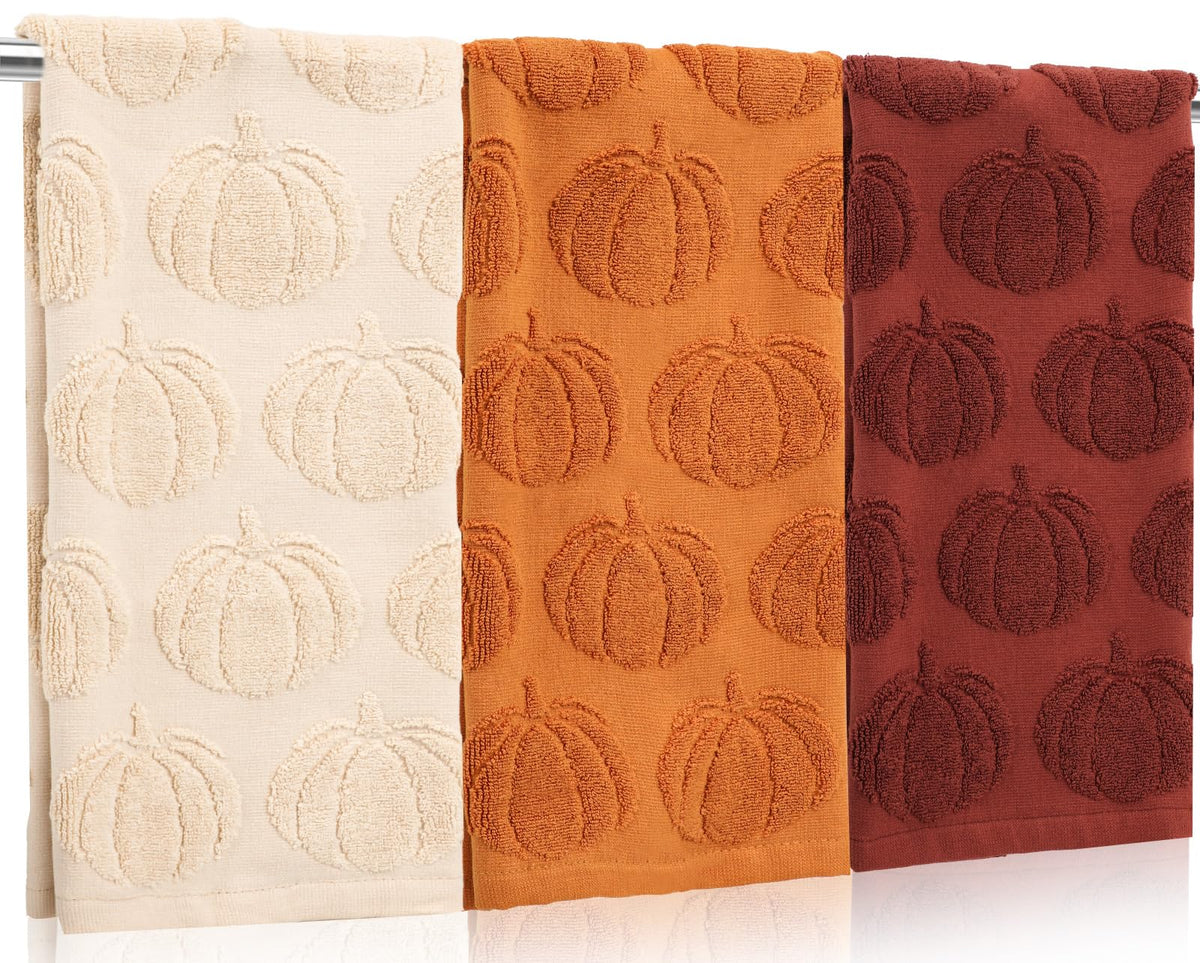 Whaline Fall Hand Towels, 3 Piece Set, Pumpkin Jacquard, Beige Orange Brown
