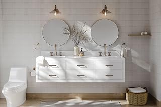 ARIEL Hutton 72-inch Bathroom Vanity with Sink,Solid Wood, 1.5-inch Pure White Quartz Countertop & Backsplash, Double Rectangular Porcelain Sink, 3 Dovetail Drawers, White