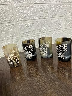 Merco Enterprises Set of 4 Mini Viking Horn Shot Glasses Handmade Ox Horn Whiskey Cups 2oz Each – Rustic Norse Drinking Mugs for Mead, Whiskey, Rum & Spirits Medieval Style Barware Gift for Men