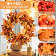 BHHDA Autumn Wreath, 24 Inch Berry Maple Leaf, Fall Decor