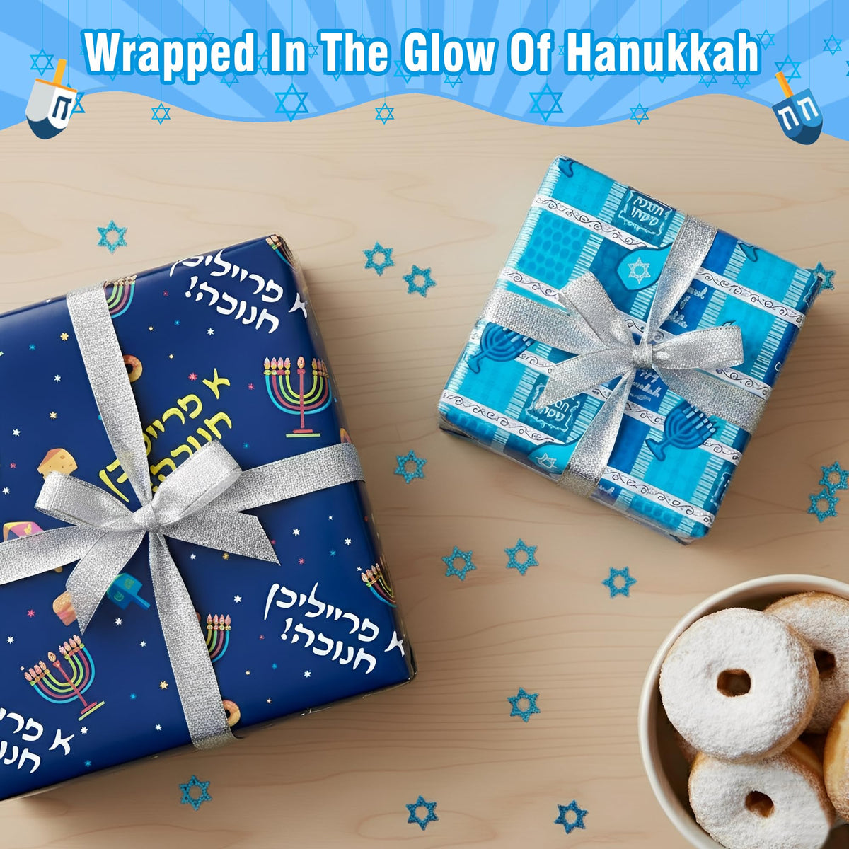 Cherubfunz Hanukkah Gift Wrap, 4 Rolls, 93 Square Feet Total, Multicolor