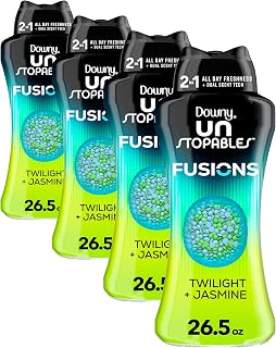 Downy Unstopables Fusions Laundry Scent Booster Beads Twilight Jasmine | 2-in-1 Dual Scent | 24-Hour Freshness | For All Fabrics | 26.5 Oz, Pack of 4