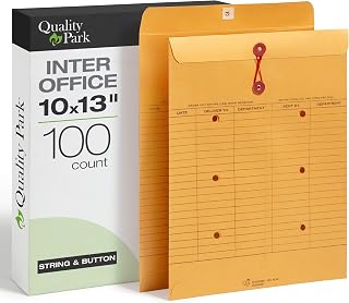 Quality Park 10 x 13 Interoffice Envelopes, 100 Pack, Inter Office Routing Envelopes with String & Button Closure, 28 lb Brown Kraft, Reusable Document Mailers