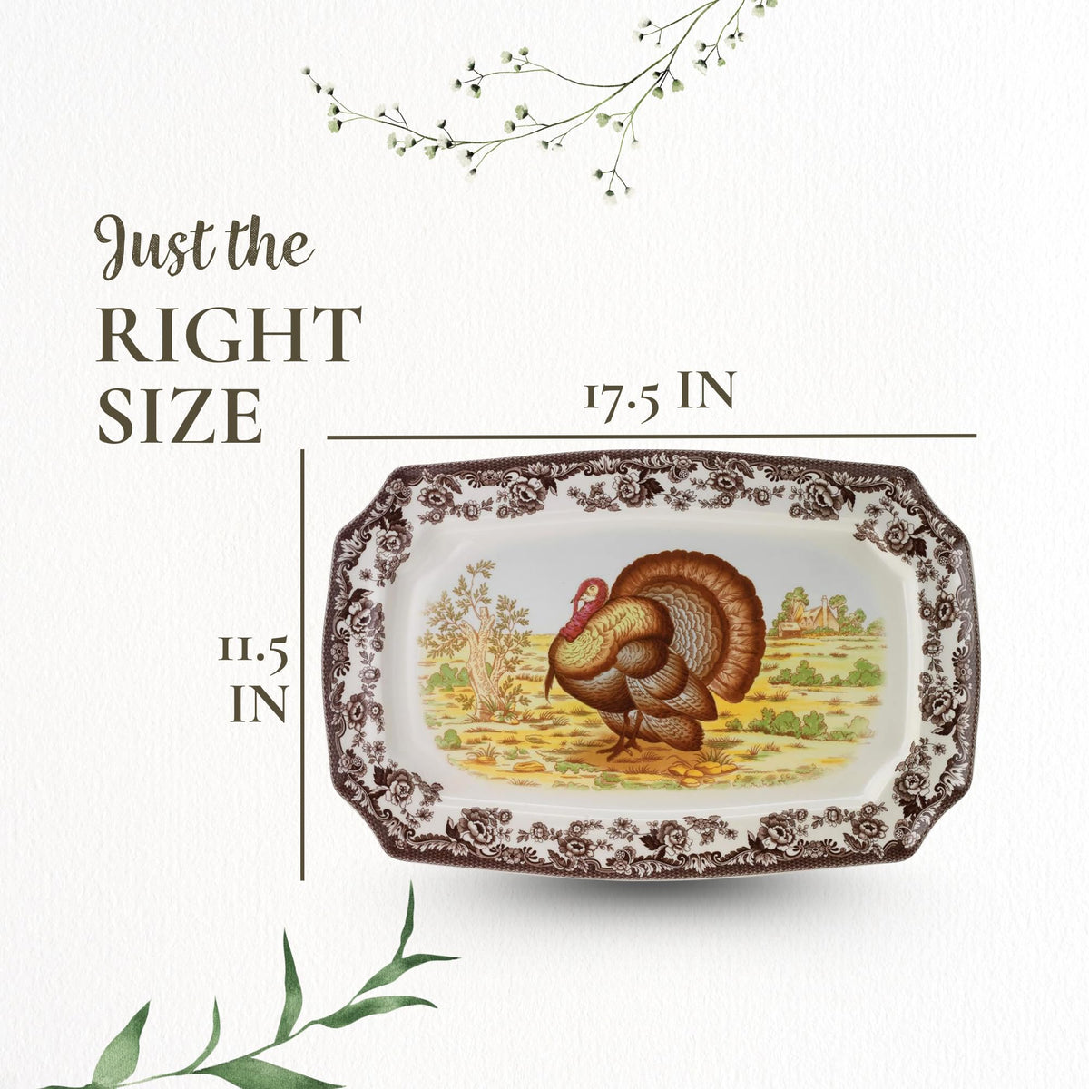 Spode Woodland Turkey Platter, Rectangular Porcelain, 17.5 Inch Brown White
