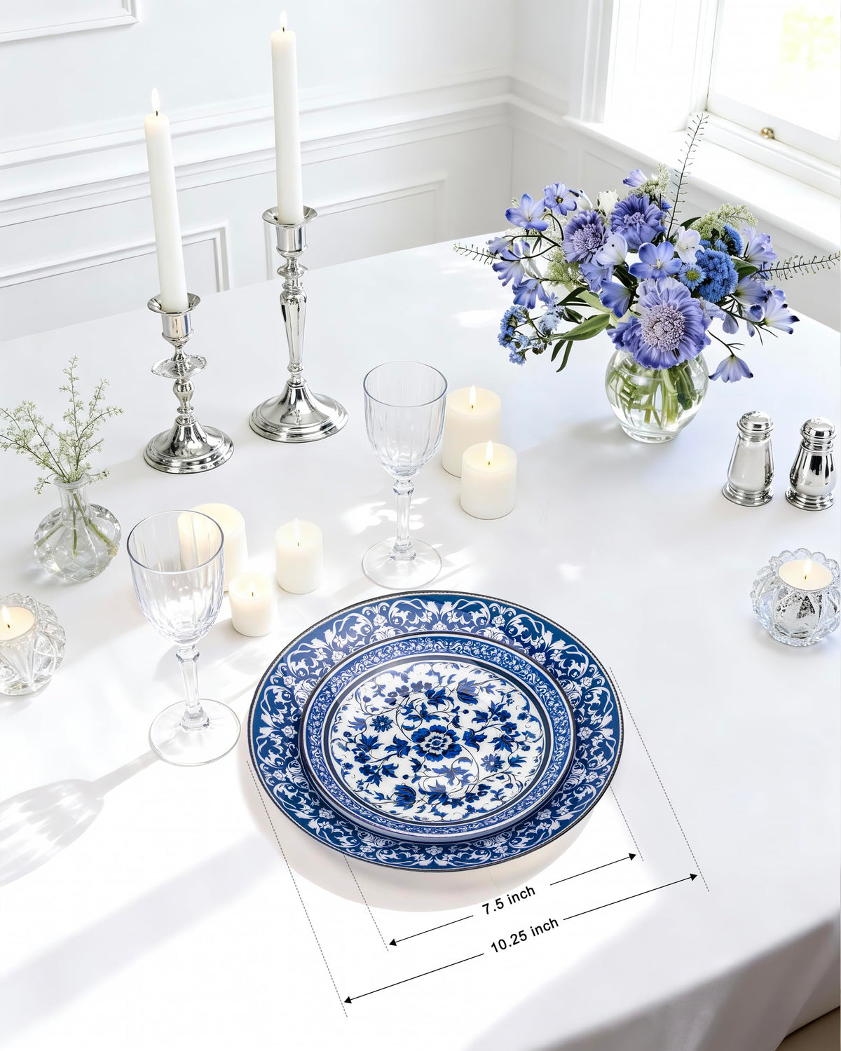 Hioasis Plastic Dinner Plates, 60 Piece Set for 30 People, White and Blue