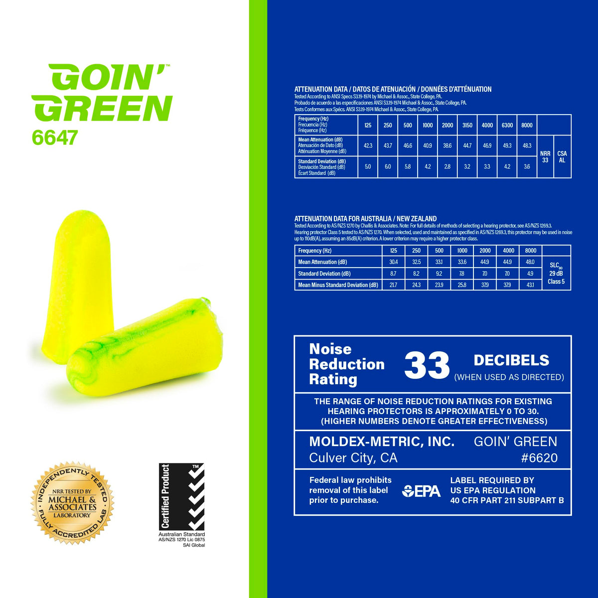 Moldex Goin' Green® PlugStation® Uncorded Disposable Foam Earplug Dispenser by Goin’ Green – Standard, Polyurethane Foam, Green, Pack of 500, Model 6647
