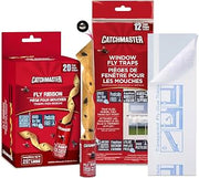 Catchmaster Fly Trap Bundle, Window Fly Traps 12-Pack & Fly Ribbon 20-Pack, Bug & Fly Traps for Indoors and Outdoors, for Garage, Backyard, Pool, & Patio