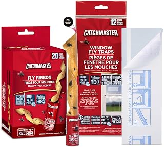 Catchmaster Fly Trap Bundle, Window Fly Traps 12-Pack & Fly Ribbon 20-Pack, Bug & Fly Traps for Indoors and Outdoors, for Garage, Backyard, Pool, & Patio