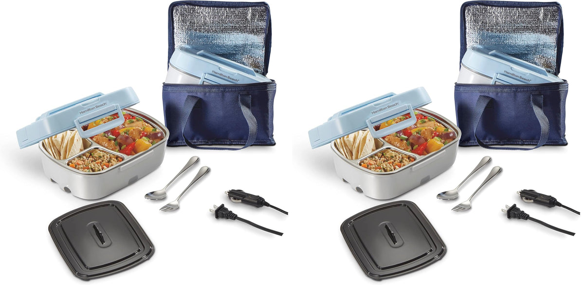 Portable Electric Lunch Box Food Warmer for Office & Car with 12V Adapter by Hamilton Beach – Stainless Steel 3 Compartment Tray, (Pack of 2), 30.0 ounces, Stainless Steel, Blue
