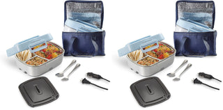 Portable Electric Lunch Box Food Warmer for Office & Car with 12V Adapter by Hamilton Beach – Stainless Steel 3 Compartment Tray, (Pack of 2), 30.0 ounces, Stainless Steel, Blue