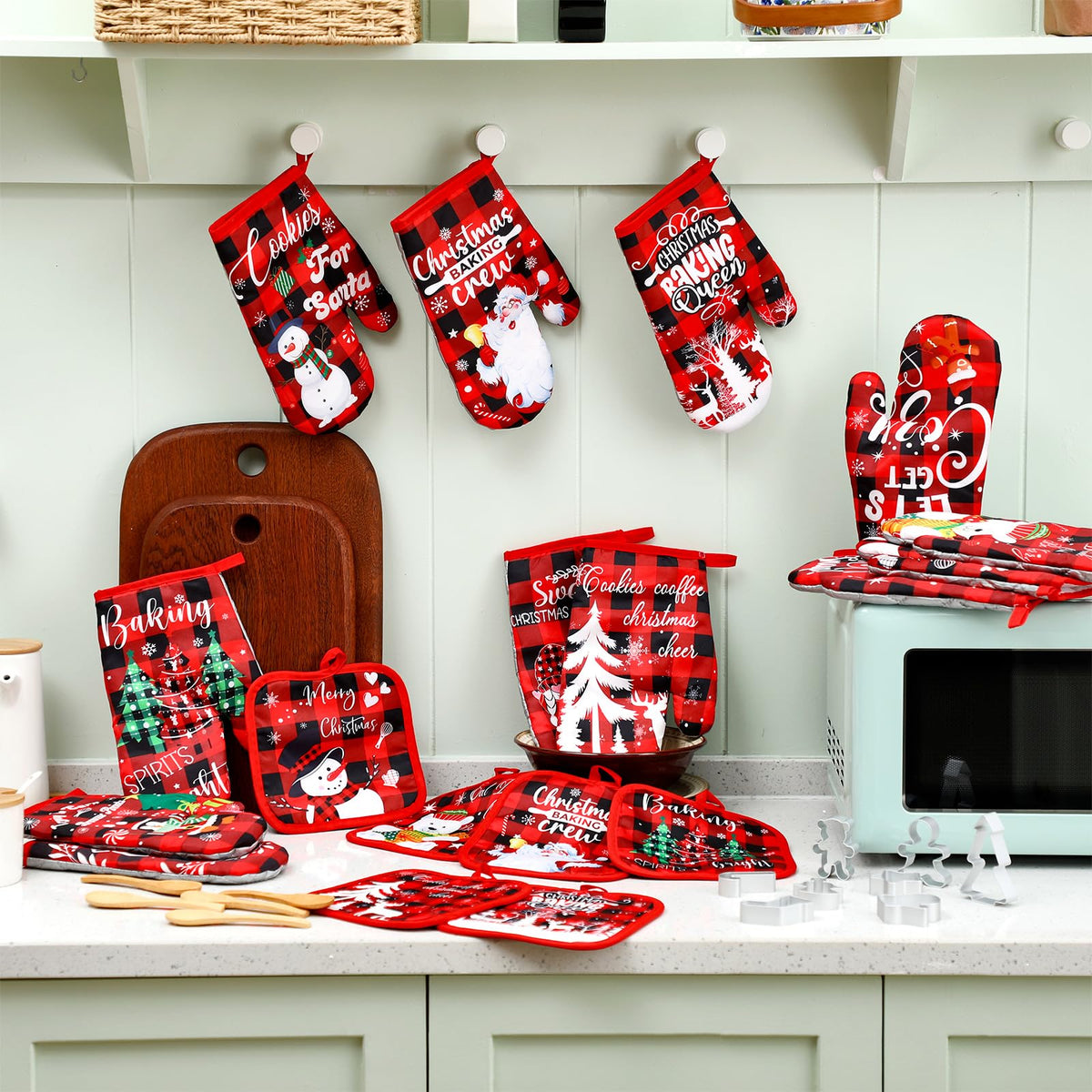 Qinyoung Christmas Oven Mitts and Pot Holders Set, 48 Pieces, Buffalo Plaid