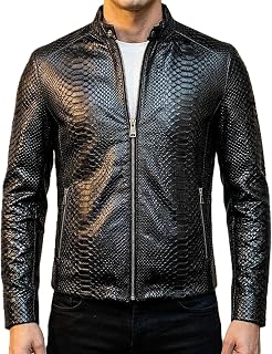 Men's Black Genuine Lambskin Leather Python Embossed Moto Biker Jacket Casual Coat
