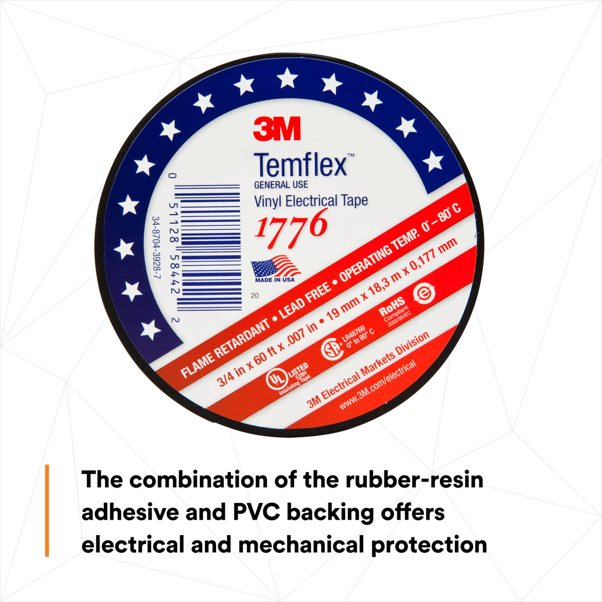 Temflex Vinyl Electrical Tape by 3M – 3/4 in x 60 ft, Vinyl, Black, Model 1776-3/4"x60'