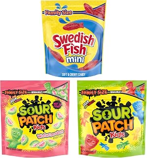 & SWEDISH FISH Soft & Chewy Gummy Candy Variety Pack, 3 ct | SOUR PATCH KIDS Original & Watermelon, SWEDISH FISH Mini, Family Size, Bulk Candy