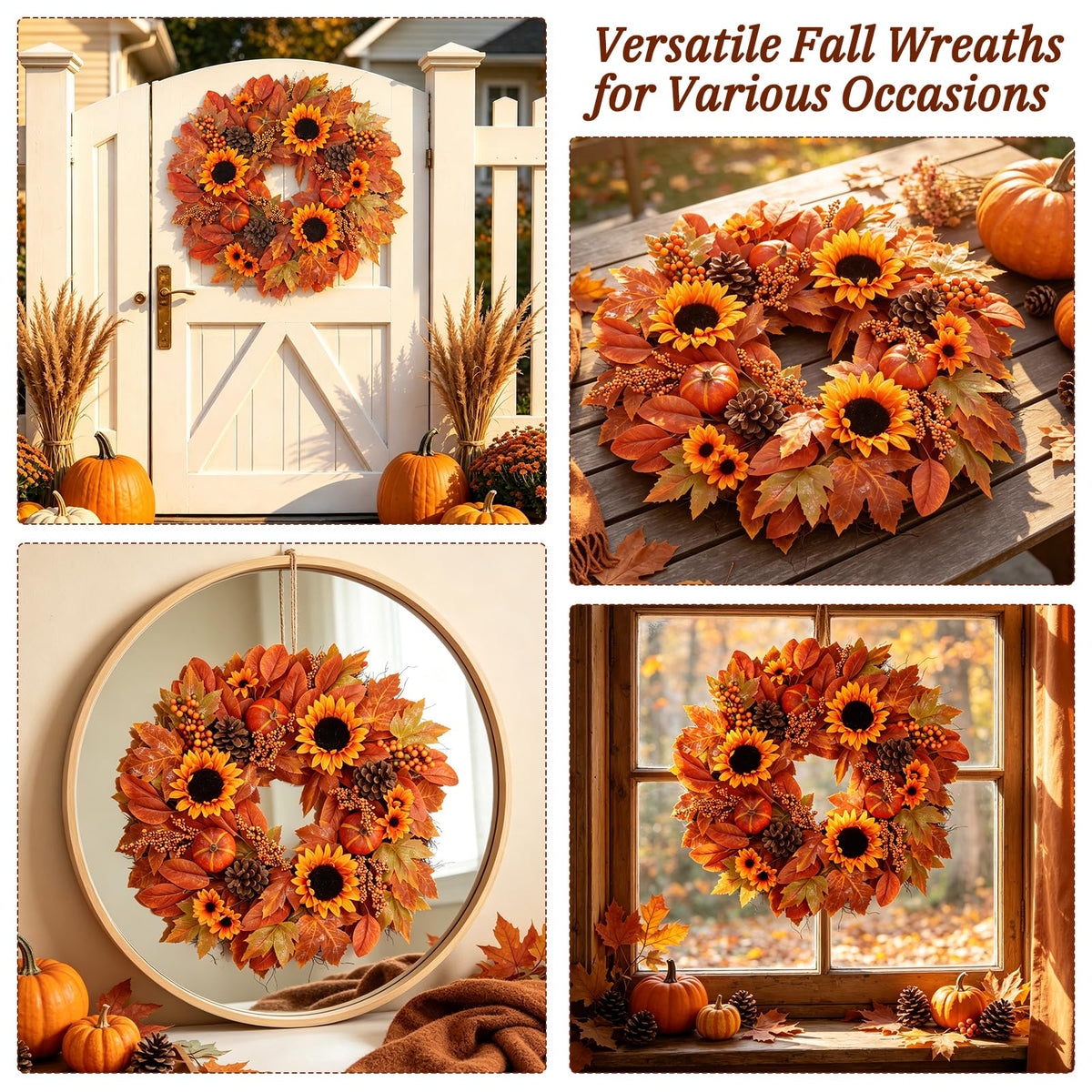 Grooy Artificial Fall Wreath, 22 Inch Diameter, Sunflower