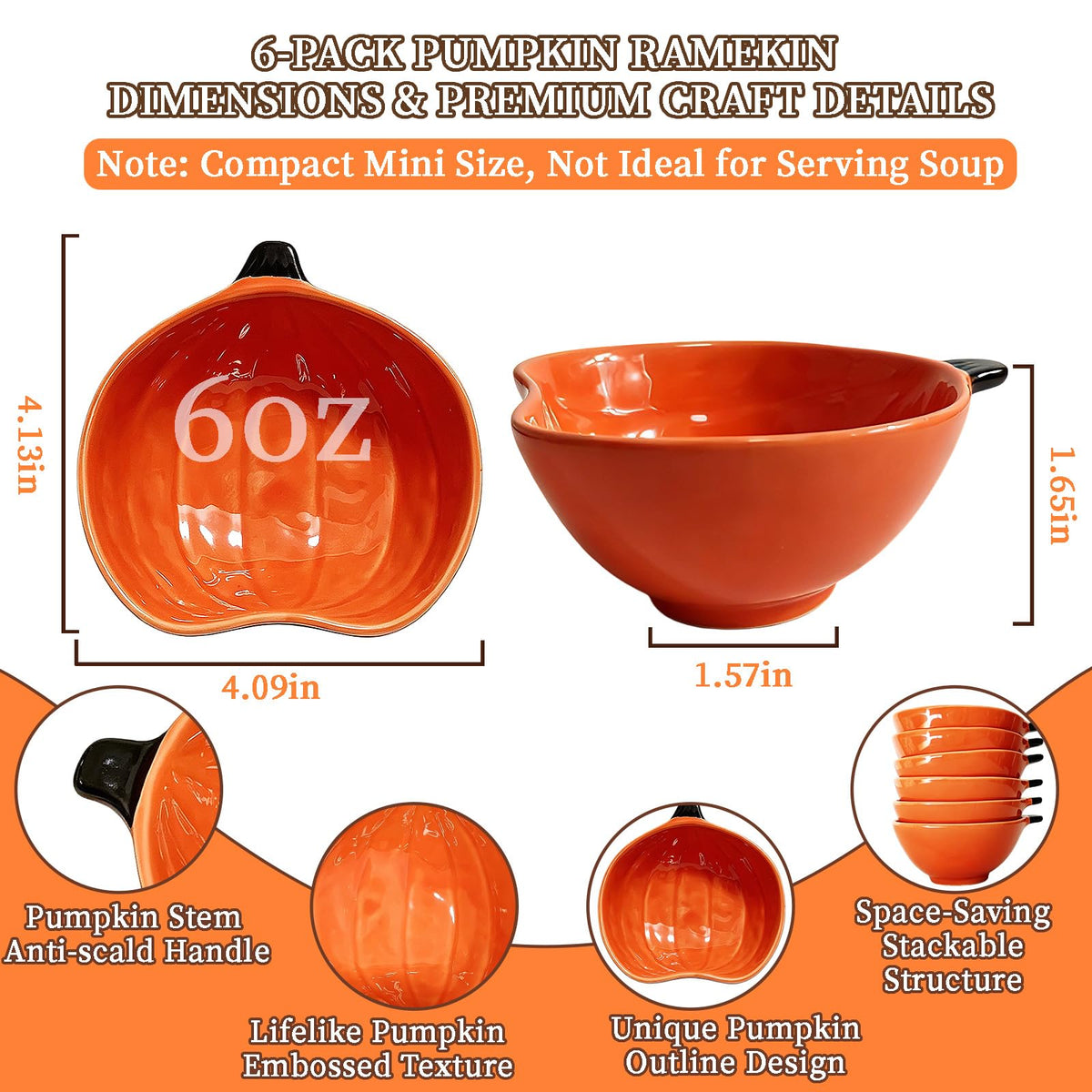 Gooyule Pumpkin Bowls, 6 oz Ceramic Ramekins, Set of 6, Orange