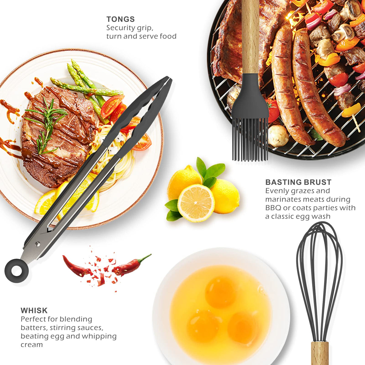 Oannao Silicone Utensil Set, Heat Resistant to 446F, Gray