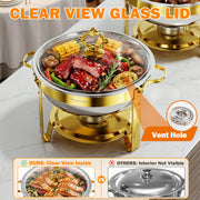 IMXSUMDA Round Chafing Dish Set, 6 Quart Capacity, 4 Pack with Glass Lids, Gold