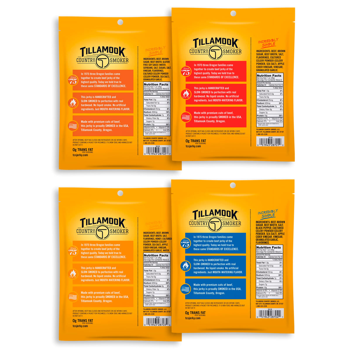TILLAMOOK COUNTRY SMOKER Variety Pack / 2.5 Ounce (Pack of 48) / 4 Pack (Old Fashioned, Teriyaki, Sea Salt & Pepper, Honey Gl Jerky