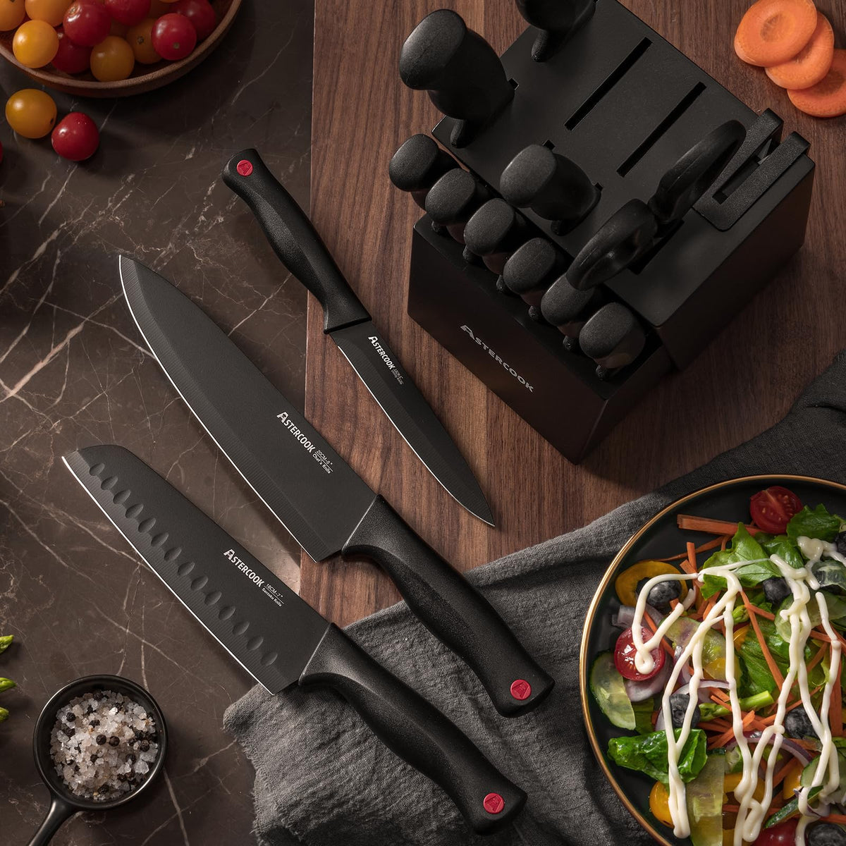 Astercook Knife Block Set with Sharpener, 15 Piece German Stainless Steel, Black