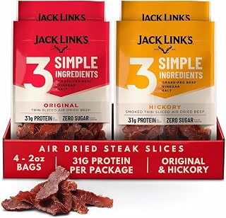 Jack Link's Air Dried Steak Slices - Keto - 31g Protein (4 Pack) | Made with 3 Simple Ingredients, Original & Hickory Smoked, 2oz bags, Ready to Eat, Simple Protein Snack
