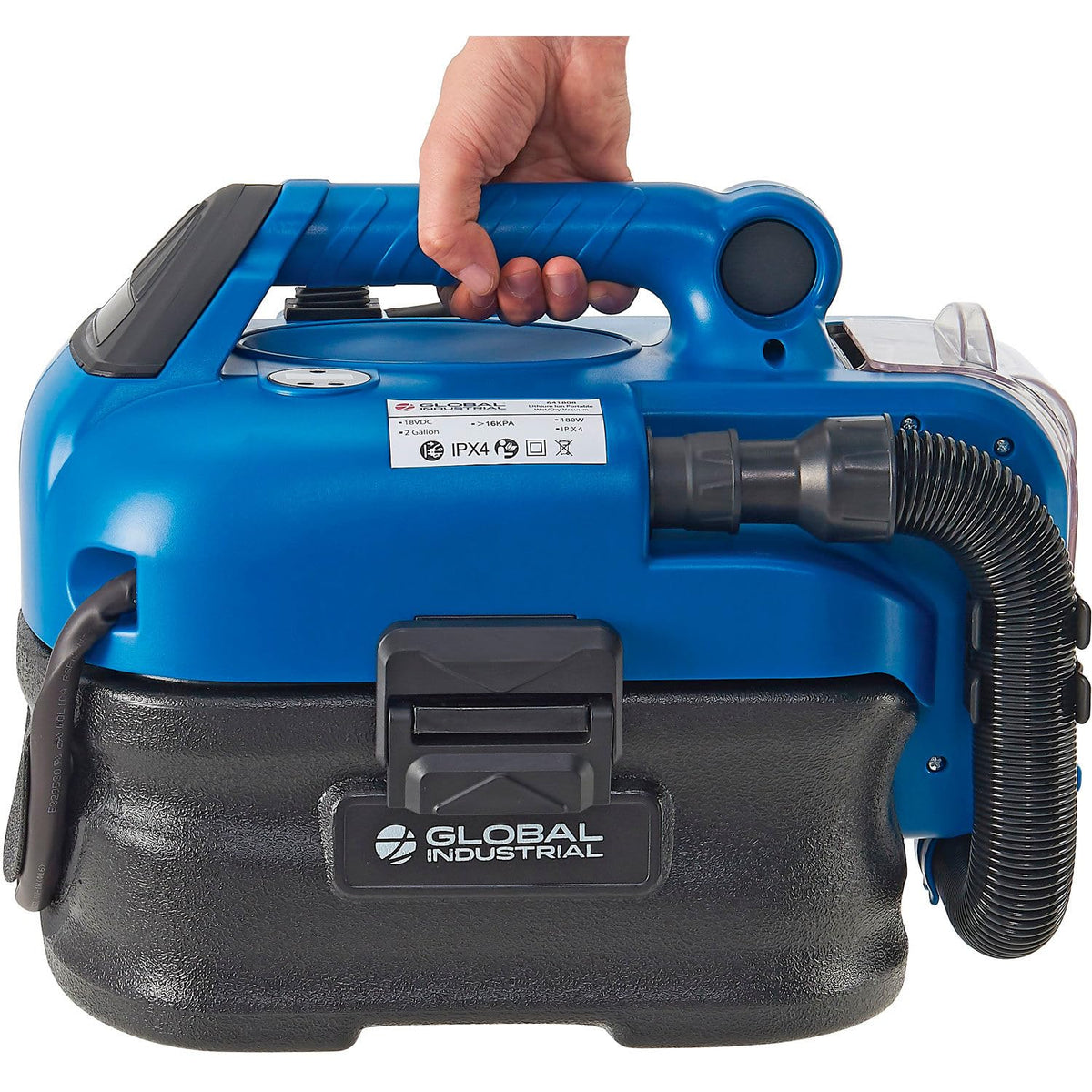 Battery Powered HEPA Wet/Dry Vacuum with Air Inflate Adapter by Global Industrial – Plastic, Blue, Model JN701