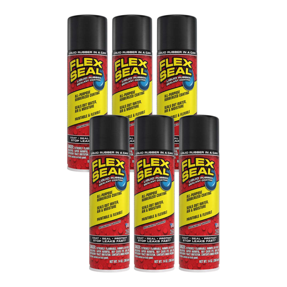 Spray Rubber Sealant Coating by Flex Seal – 14-oz, Rubber, Black, Pack of 6, Model FSR20-6