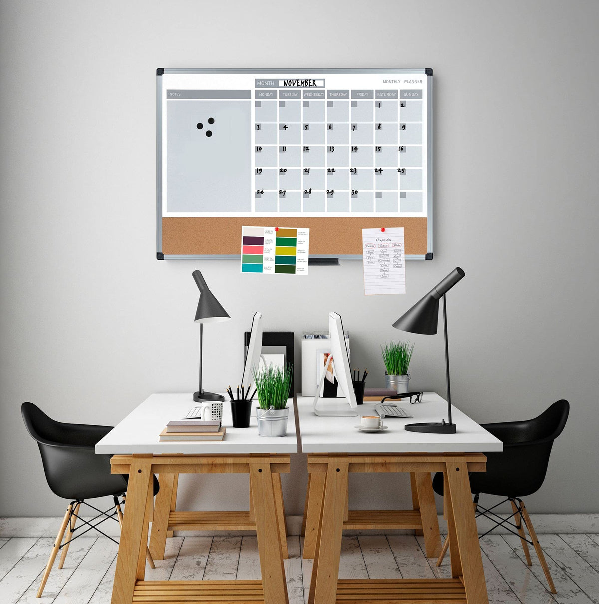 Magnetic Dry Erase Monthly Calendar Planner Push Pin Corkboard Combo with Marker Tray by MasterVision – 18"W x 24"H, Cork, White, Model MB3507186