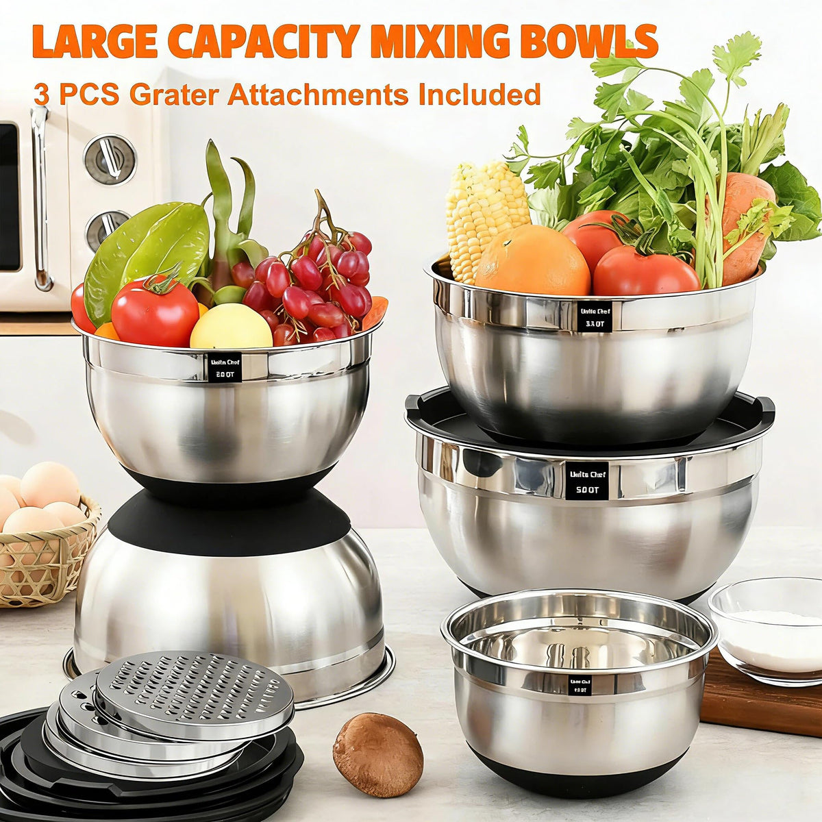Umite Chef Stainless Steel Mixing Bowl Set, 26 Piece with Lids and Graters, Carbon Black