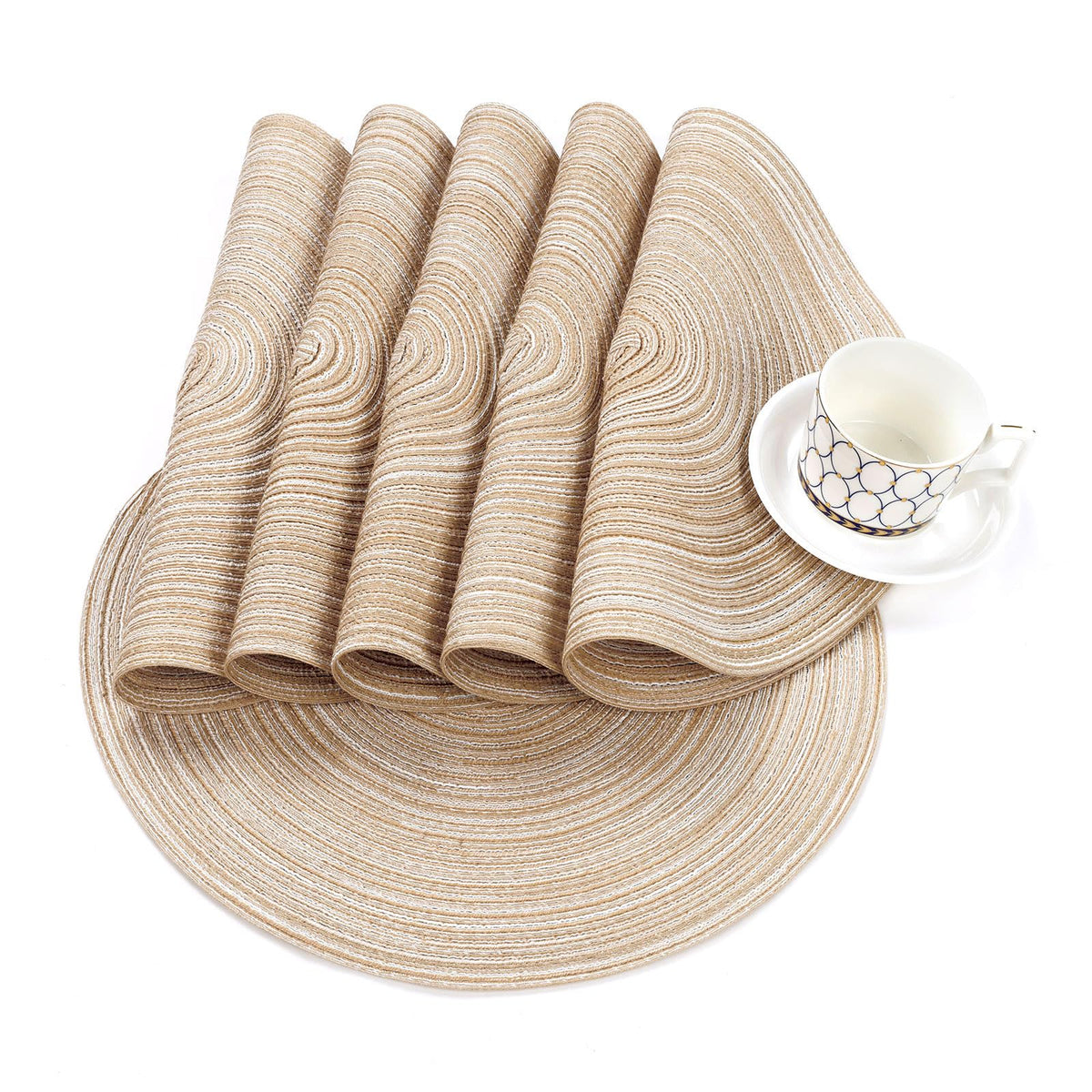 Shacos Round Placemat Set, 15 Inch Diameter, Beige, Set of 6