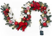 Pre-Lit Christmas Pine Garland 6ft, Red and White | Battery Operated 20 LED Lights, Timer, 8 Lighting Modes - Mantel Staircase Window Indoor/Outdoor Decor - Red Bow
