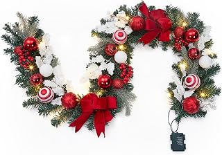 Pre-Lit Christmas Pine Garland 6ft, Red and White | Battery Operated 20 LED Lights, Timer, 8 Lighting Modes - Mantel Staircase Window Indoor/Outdoor Decor - Red Bow