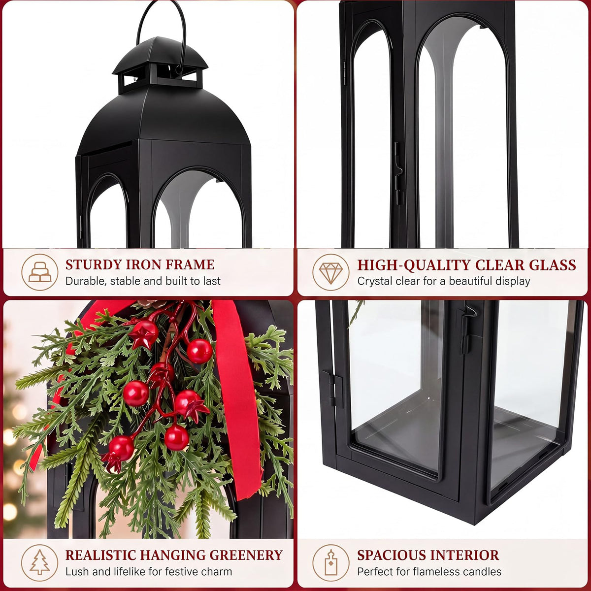 Glooglitter Christmas Lantern Set, 20 16 12 Inch, Black Green Red