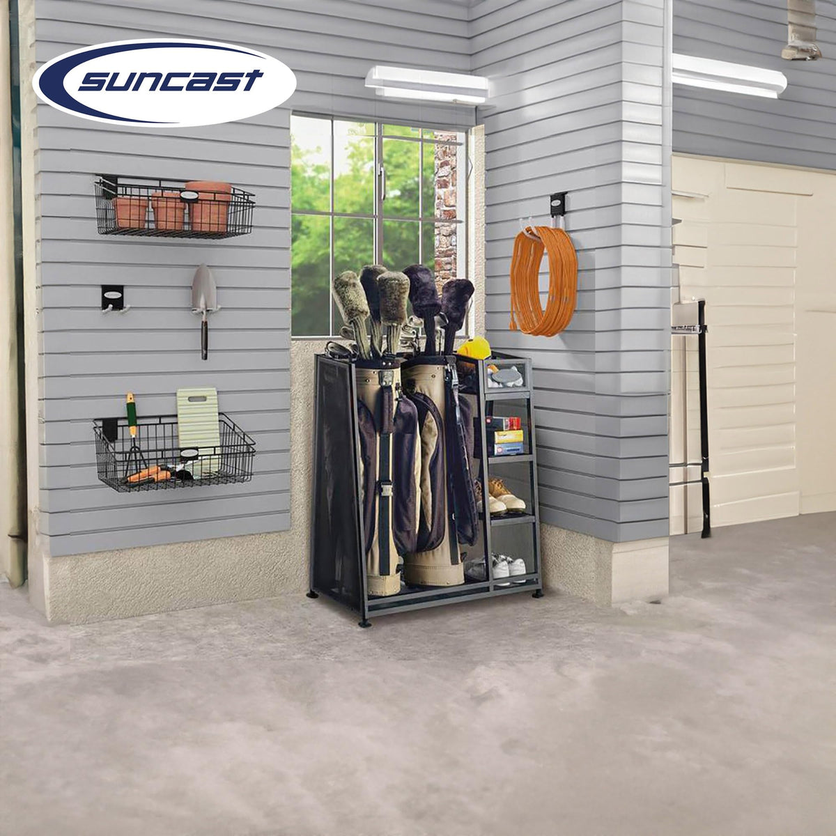 Golf Bag & Golfing Equipment Heavy-Duty Metal Organizer Rack w/ 3 Storage Shelves by Suncast – 1 Pack, Metal, Black, Model GO3216