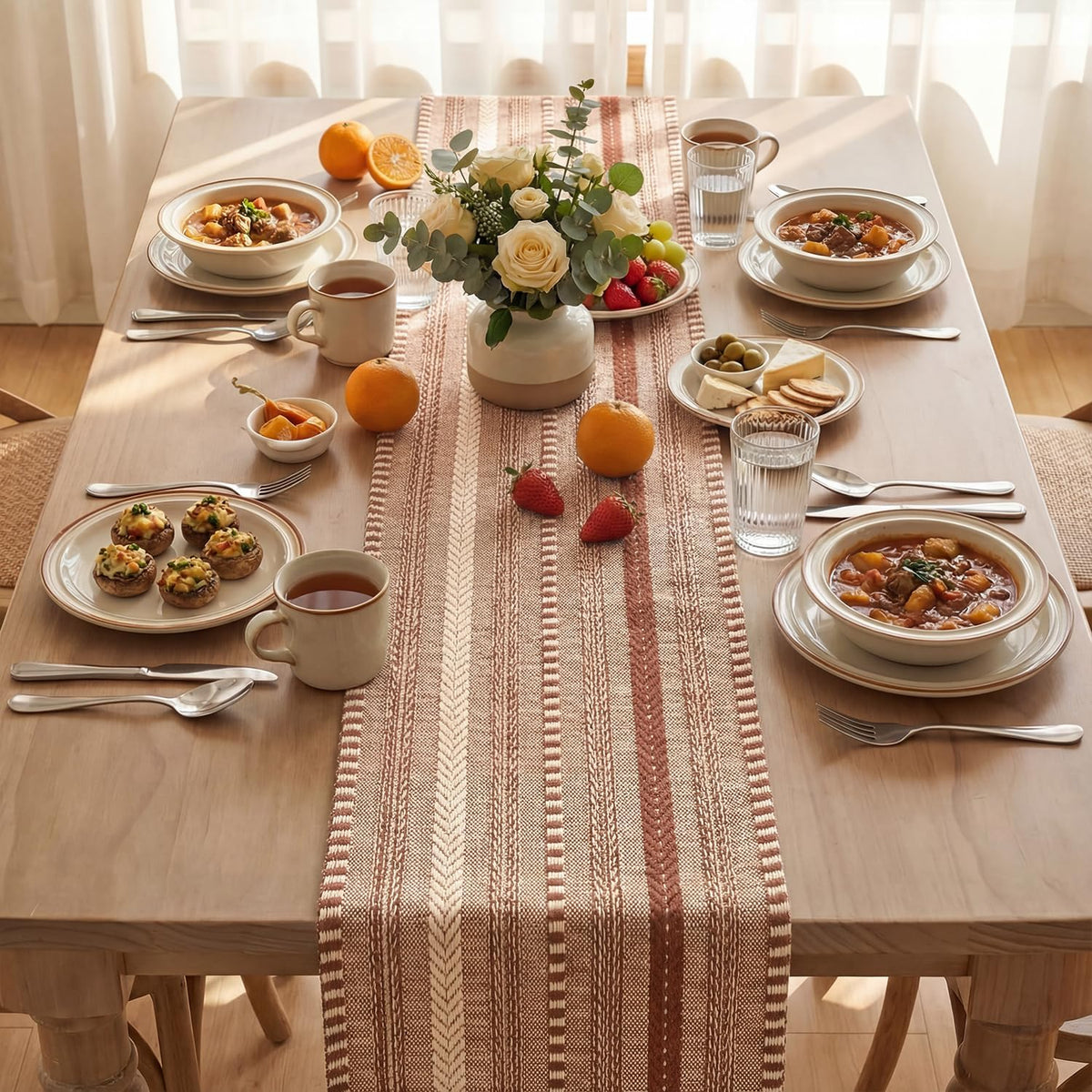 Artoid Mode Braided Table Runner, 12 x 72 Inch, Caramel Farmhouse Stripe