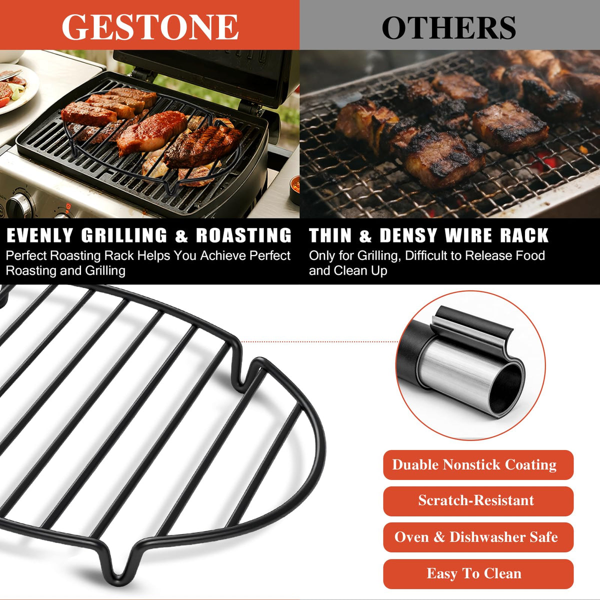Gestone Roasting Rack, Nonstick Stainless Steel, Oval 12.4 x 8.5 Inch Black
