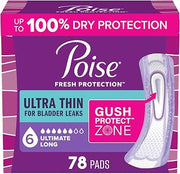 Poise Ultra Thin Incontinence Pads for Women, 6 Drop, Long, 78 ct