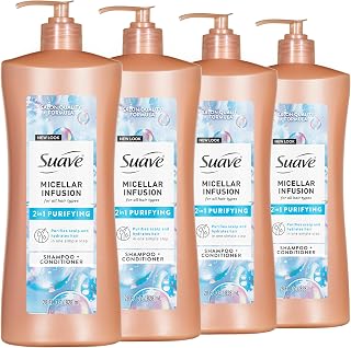 Suave Micellar Infusion 2-in-1 Purifying Shampoo + Conditioner, Gently Cleanses & Conditions for Manageable Hair, Daily Use for All Hair Types, 28 FL OZ Pump, 4 Count