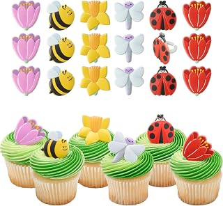 DecoPac Springtime Blooms Cupcake Toppers, 24 Cupcake Rings, Flowers, Bees, Ladybug, And More, Food Safe Spring Decorations - 24 Pack