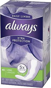 Always Xtra Protection Daily Liners Long Unscented, 40 Count