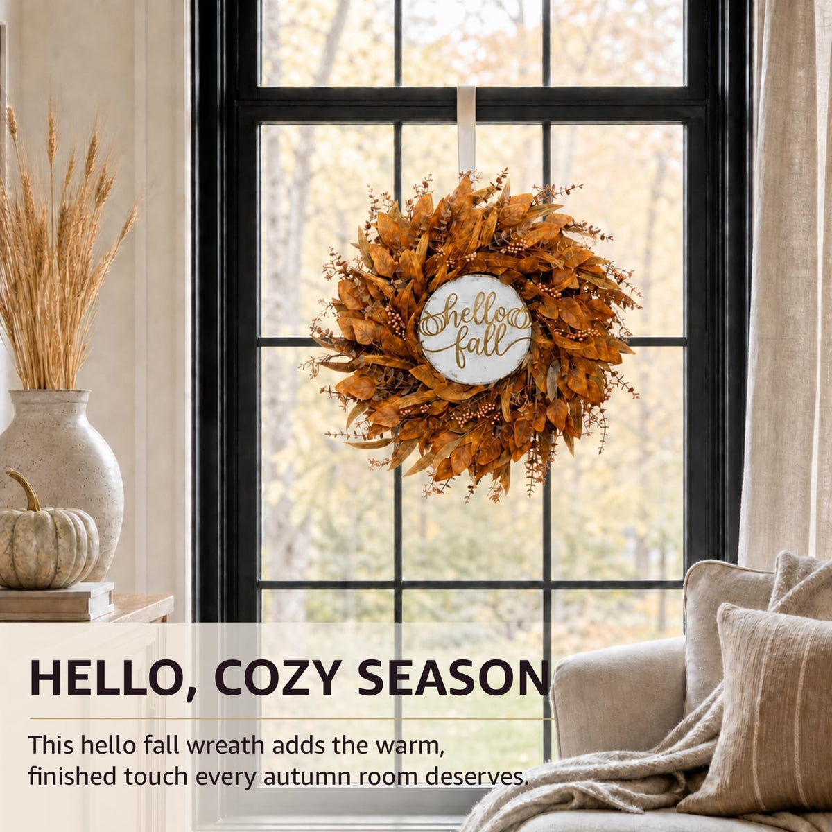KAI-ROAD Fall Eucalyptus Wreath, 26 Inch, Yellow
